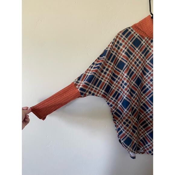 Women's Burnt Orange and Blue Plaid Sweater Turtleneck Top - Picture 3 of 4